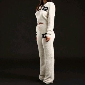 Cream Textured Hooded Zip-Up Sweater with 92 UTAH Print With Wide Leg Pants Set